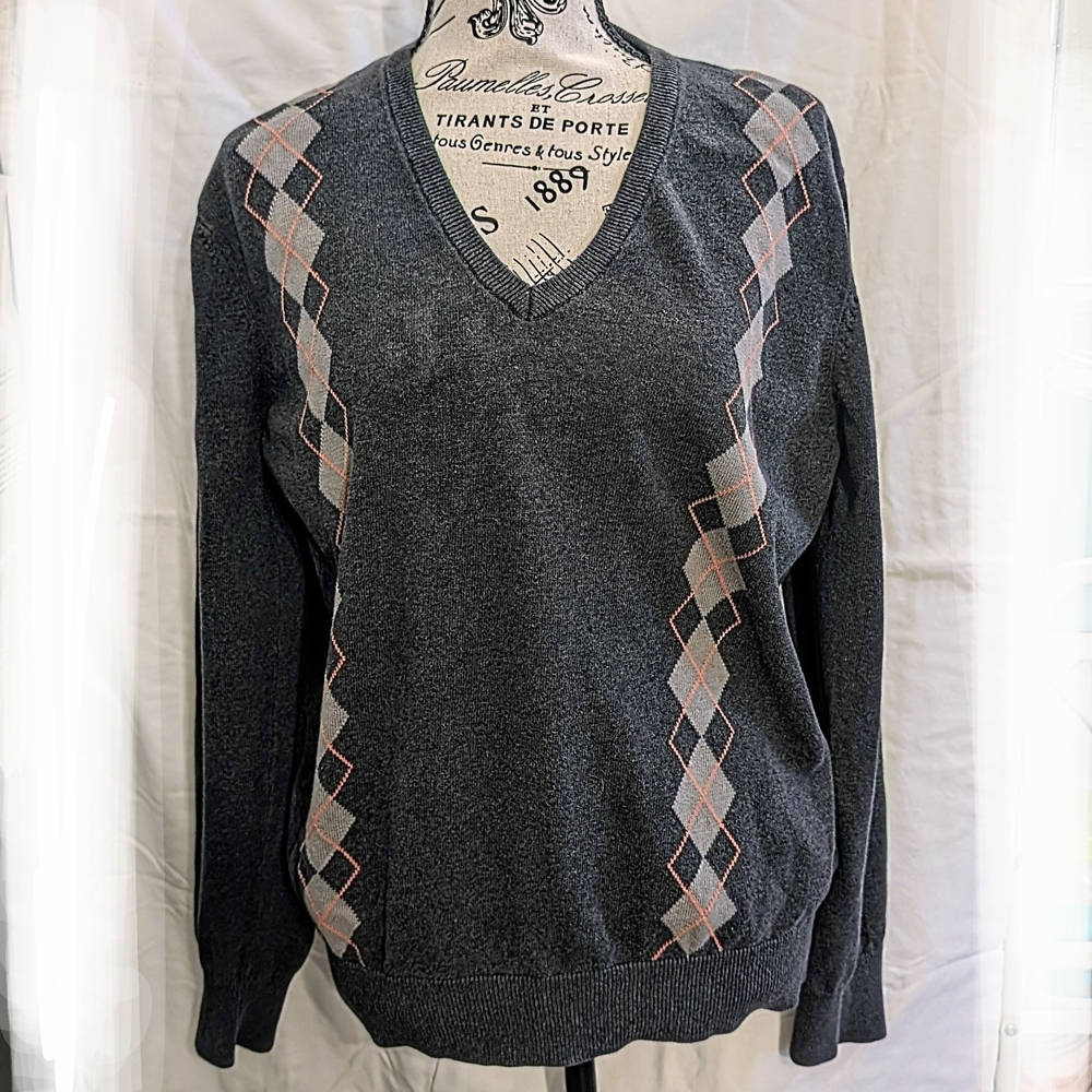 Ben Sherman Mens Charcoal Knit Argyle Sweater Size Medium